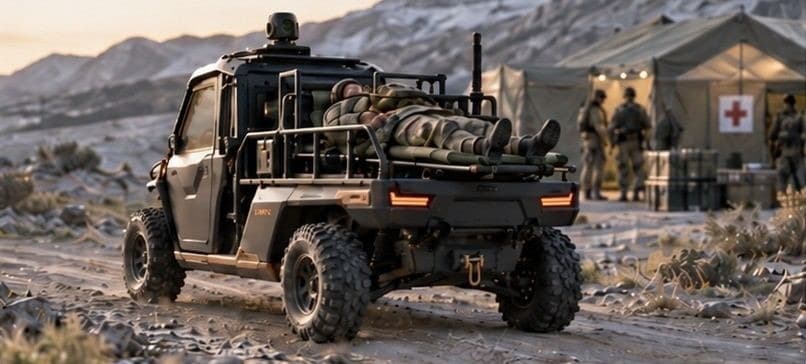 OPPY carrying a casualty on a litter away from a forward position toward an aid point