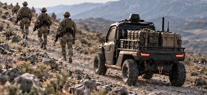 OPPY following a dismounted patrol up a ridge trail with ammunition and equipment strapped to its bed