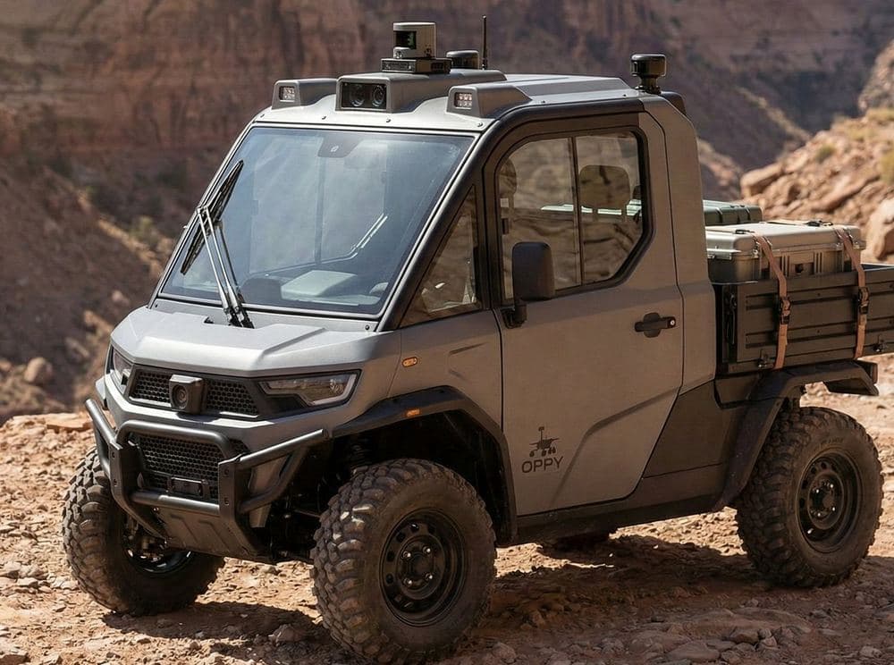 Close view of OPPY showing the roof sensor cluster, enclosed cab and cargo bed with a stowed equipment case
