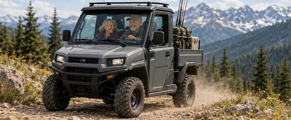 Two people riding home in OPPY's cab along a mountain trail