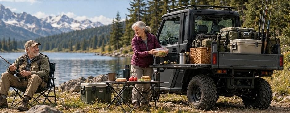 An angler resting by a lake while OPPY waits nearby with camp gear on its bed