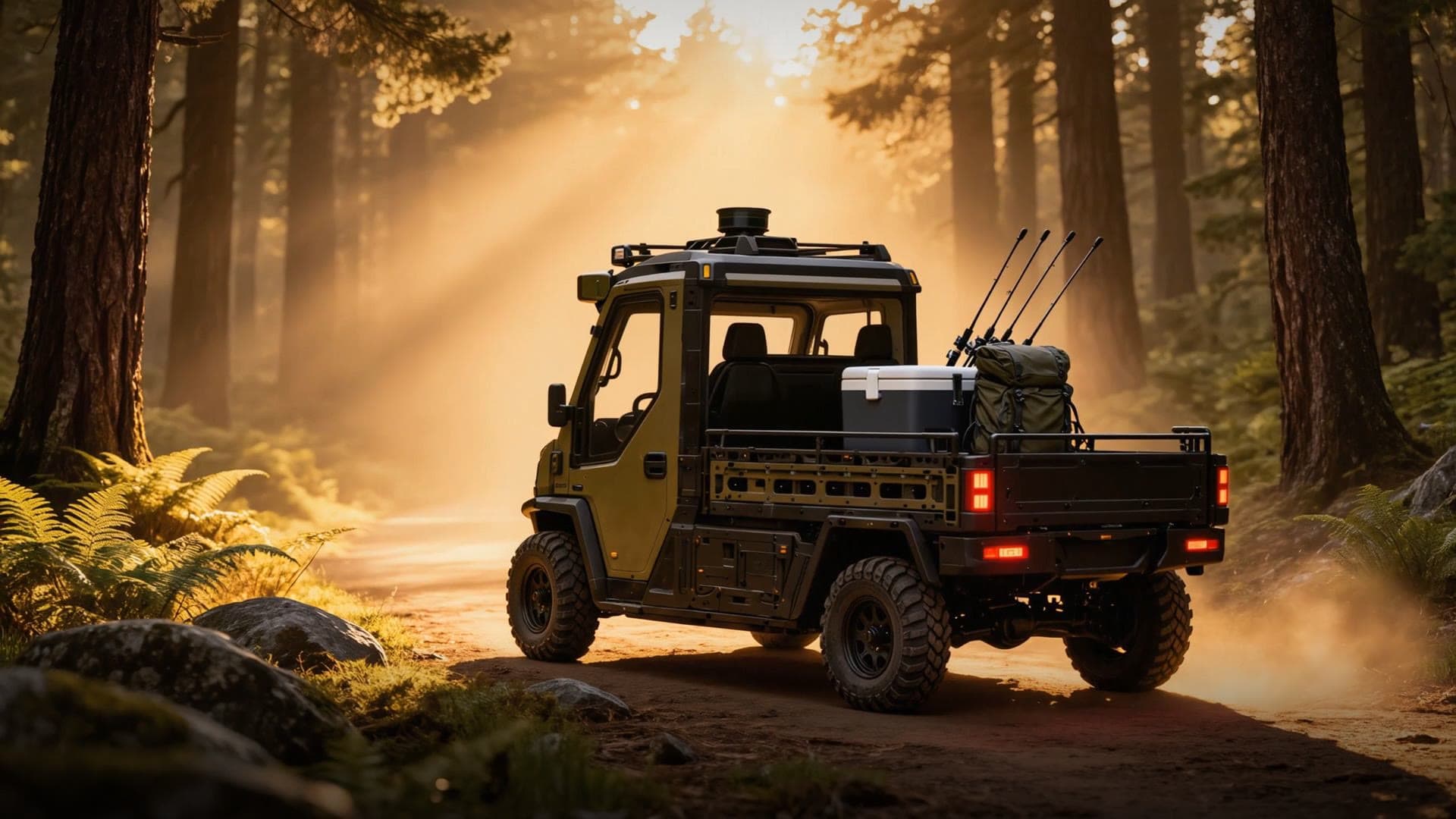 OPPY parked in a sunlit forest with gear loaded on its cargo bed